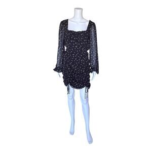 Cotton Candy LA Black Floral Ruched Mini Dress Long Sleeve Womens Size Large